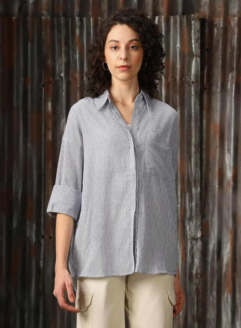 هاي ستار Women's Blue 100% Cotton Solid Button Down Oversized Shirt