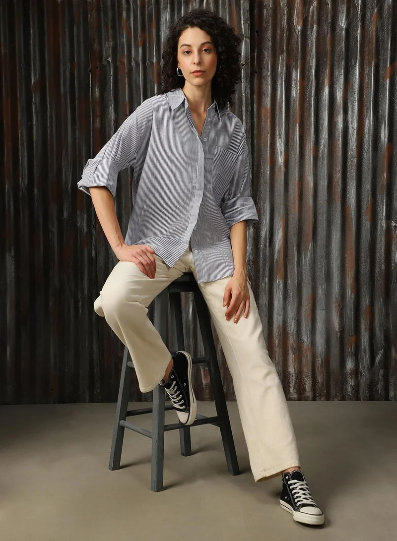 هاي ستار Women's Blue 100% Cotton Solid Button Down Oversized Shirt