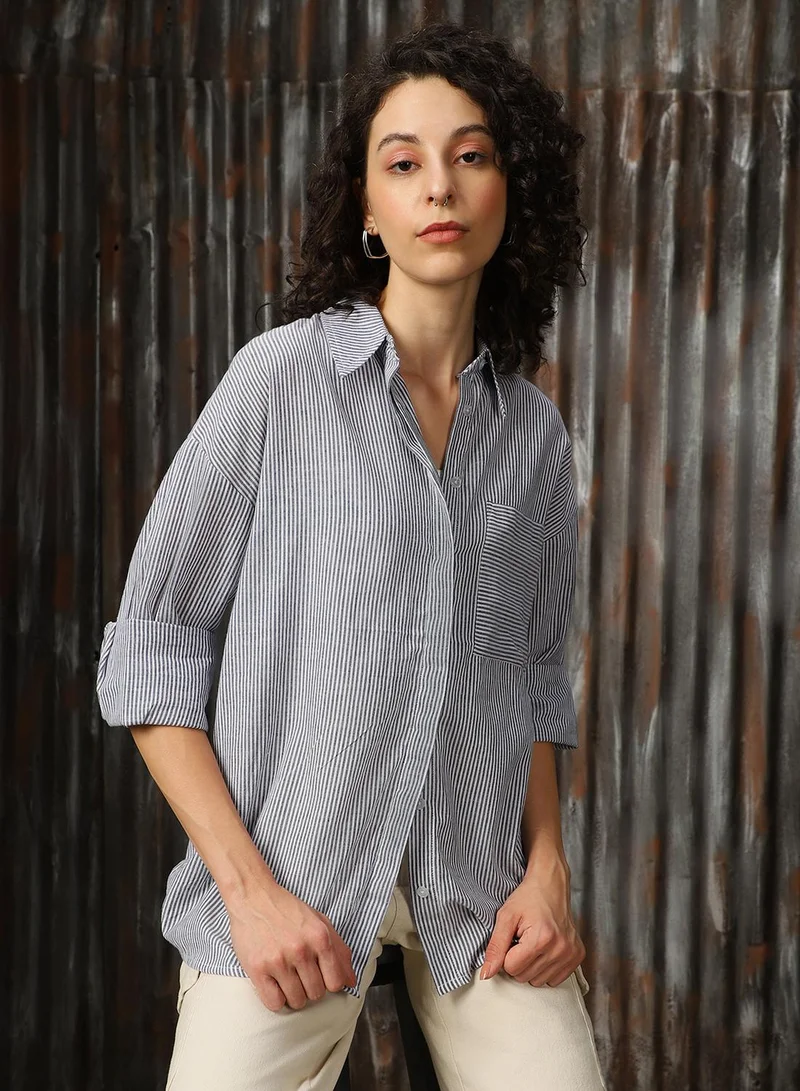 هاي ستار Women's Blue 100% Cotton Solid Button Down Oversized Shirt