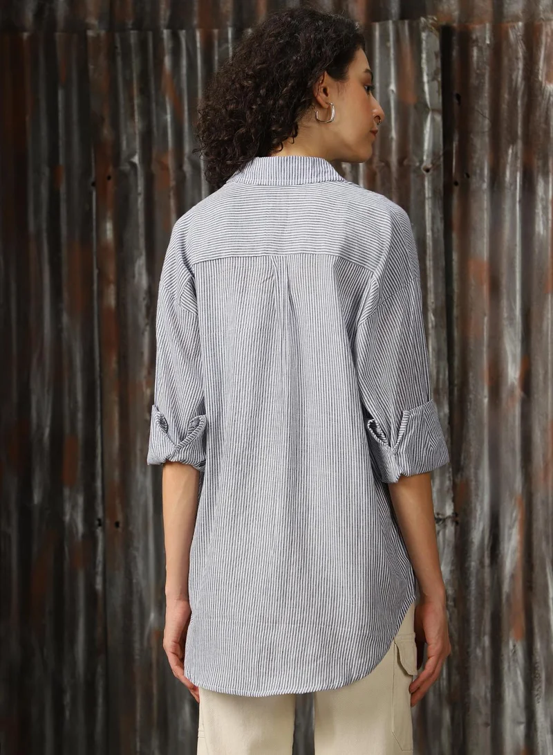 هاي ستار Women's Blue 100% Cotton Solid Button Down Oversized Shirt