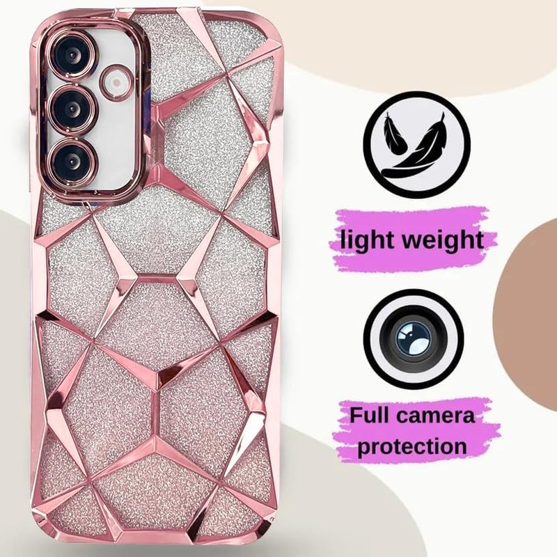 VONZEE Gradient Glitter Case for Samsung A55, Luxury Electroplated 3D Cube, Diamond Bling Shiny Soft TPU Clear Shockproof Case Women Girls Protective Phone Cover (Rose Gold) - Image 2