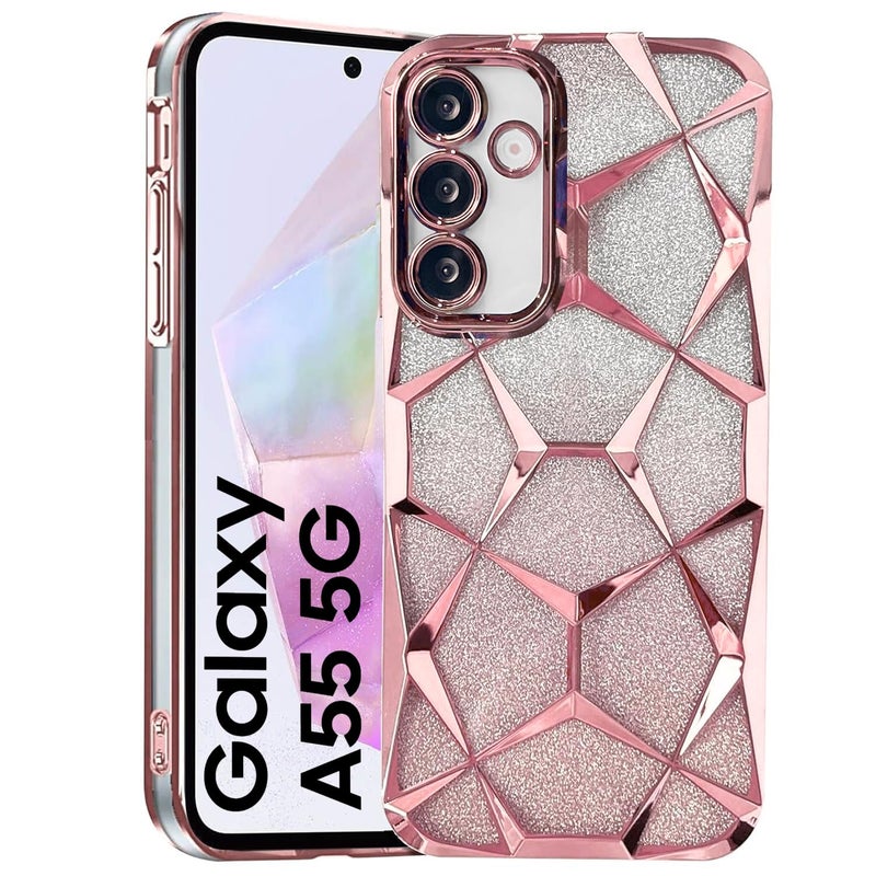 VONZEE Gradient Glitter Case for Samsung A55, Luxury Electroplated 3D Cube, Diamond Bling Shiny Soft TPU Clear Shockproof Case Women Girls Protective Phone Cover (Rose Gold) - Image 1