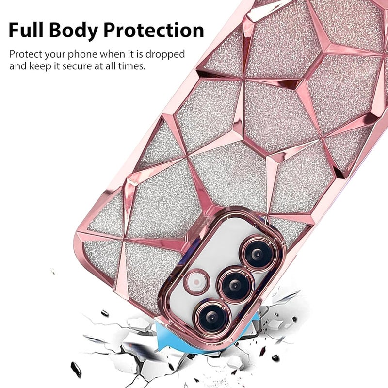 VONZEE Gradient Glitter Case for Samsung A55, Luxury Electroplated 3D Cube, Diamond Bling Shiny Soft TPU Clear Shockproof Case Women Girls Protective Phone Cover (Rose Gold) - Image 3