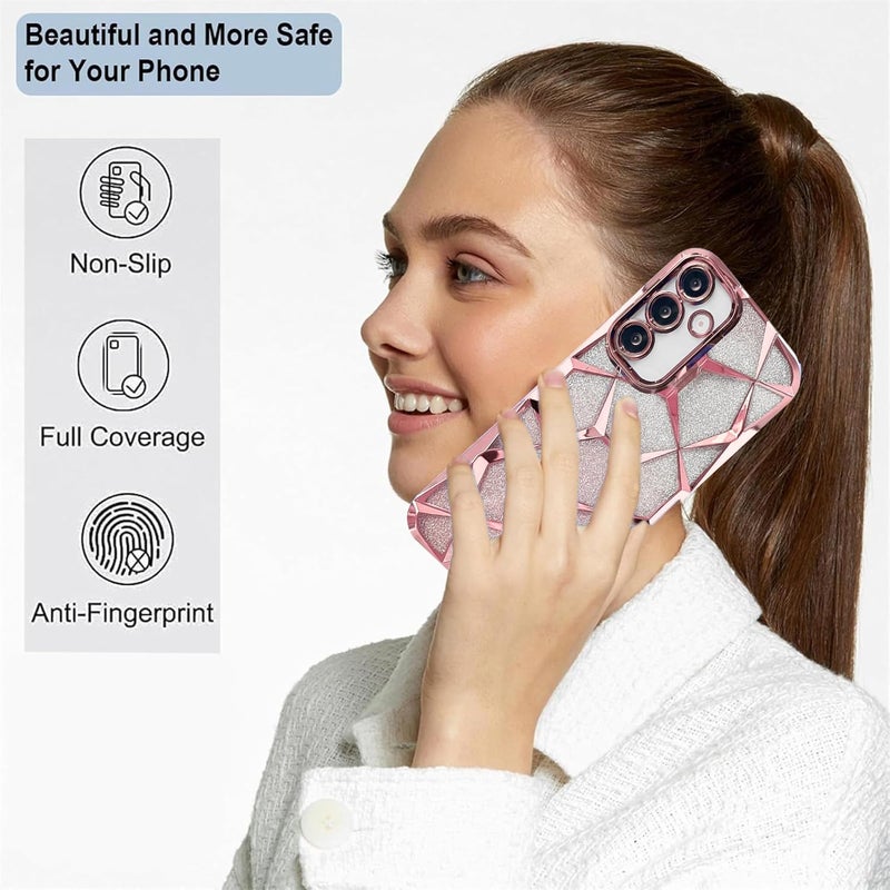 VONZEE Gradient Glitter Case for Samsung A55, Luxury Electroplated 3D Cube, Diamond Bling Shiny Soft TPU Clear Shockproof Case Women Girls Protective Phone Cover (Rose Gold) - Image 5