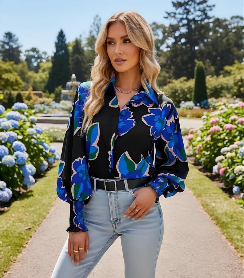 Mincib Women's Floral Print Blouse Long Sleeve Button Down Shirts Casual Dressy Blouse Shirts Tops(Black,L) - Image 5