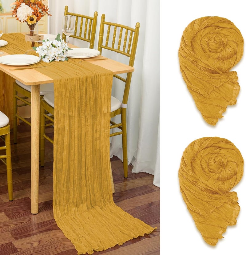YMHPRIDE 2 Packs Cheesecloth Table Runner Mustard Yellow, 90x300cm Yellow Rustic Gauze Fabric Boho Table Runner, Cheesecloth Wedding Table Decor for Wedding Party Bridal Shower Table Decorations - Image 1