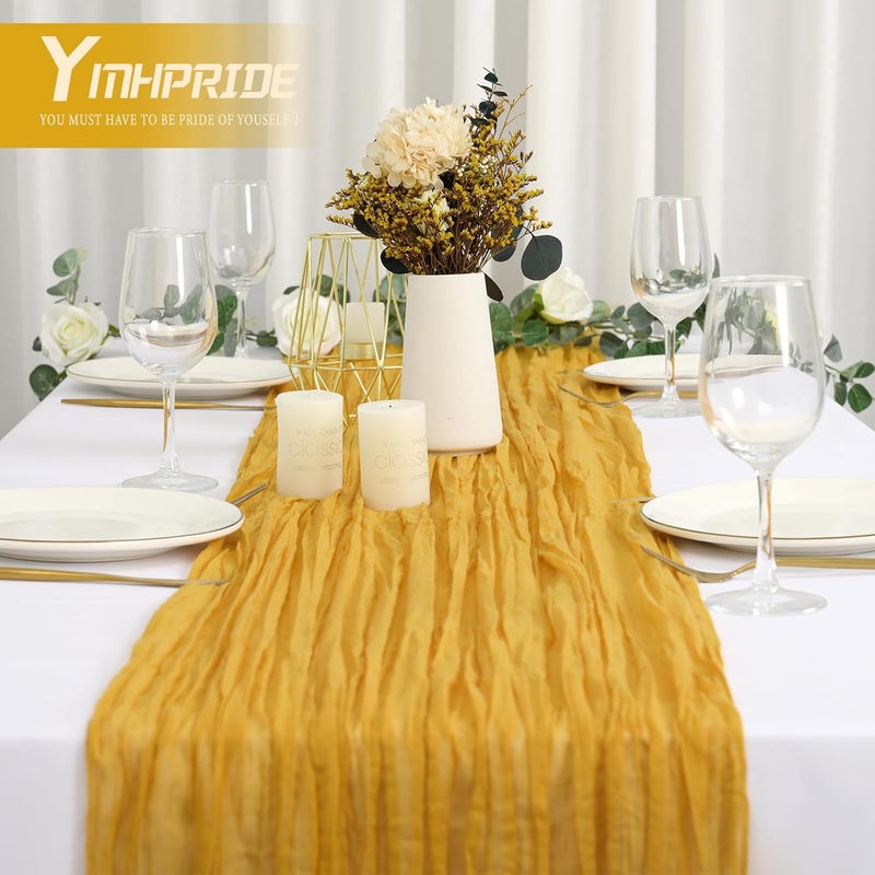 YMHPRIDE 2 Packs Cheesecloth Table Runner Mustard Yellow, 90x300cm Yellow Rustic Gauze Fabric Boho Table Runner, Cheesecloth Wedding Table Decor for Wedding Party Bridal Shower Table Decorations - Image 5