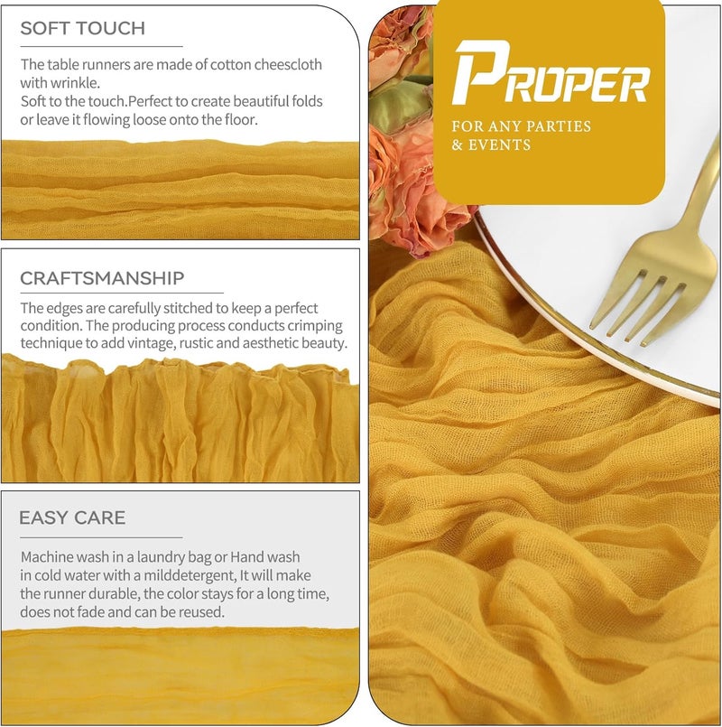 YMHPRIDE 2 Packs Cheesecloth Table Runner Mustard Yellow, 90x300cm Yellow Rustic Gauze Fabric Boho Table Runner, Cheesecloth Wedding Table Decor for Wedding Party Bridal Shower Table Decorations - Image 2