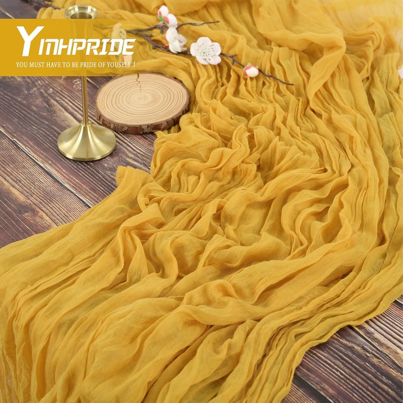 YMHPRIDE 2 Packs Cheesecloth Table Runner Mustard Yellow, 90x300cm Yellow Rustic Gauze Fabric Boho Table Runner, Cheesecloth Wedding Table Decor for Wedding Party Bridal Shower Table Decorations - Image 4