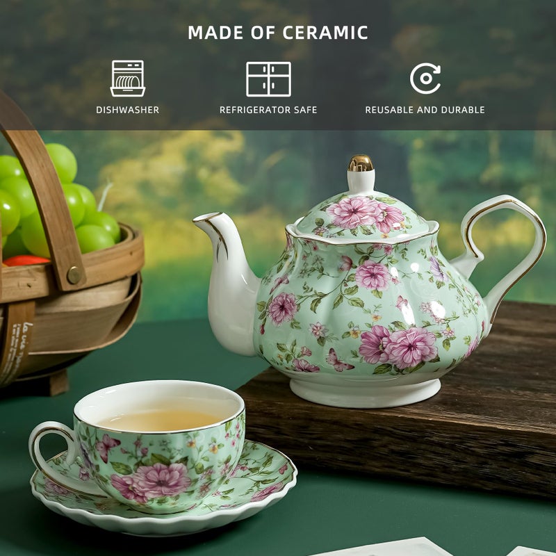 Agyiuns Flower Ceramic Teapot,22oz Porcelain Tea pot for Tea Coffee Milk for Office Home Men Women as Gift (Green) - Image 3