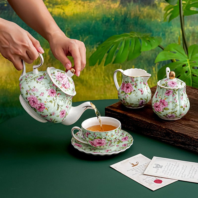 Agyiuns Flower Ceramic Teapot,22oz Porcelain Tea pot for Tea Coffee Milk for Office Home Men Women as Gift (Green) - Image 4