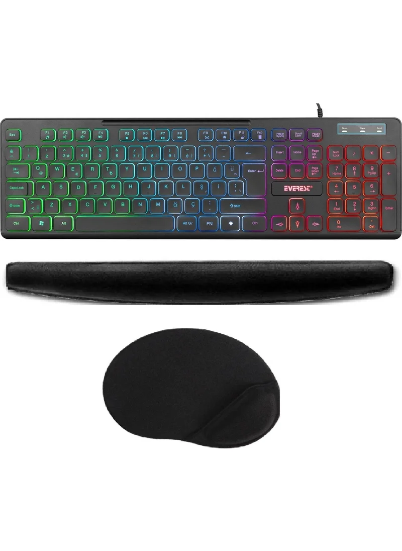 إيفرست KB-120 Sleek Black USB Illuminated Q Gaming Gaming Keyboard + Keyboard Pad + Mouse Pad Set