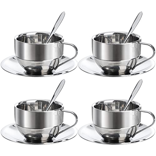 Okllen 4 Pack Stainless Steel Coffee Cup Set, 6 Oz Coffee Mugs with Spoon and Saucer, Double Walled Espresso Cups Mugs for Coffee, Latte,Tea, Milk - Image 1