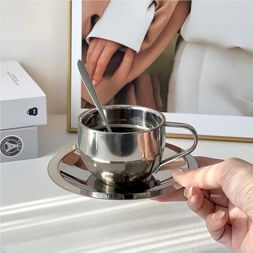Okllen 4 Pack Stainless Steel Coffee Cup Set, 6 Oz Coffee Mugs with Spoon and Saucer, Double Walled Espresso Cups Mugs for Coffee, Latte,Tea, Milk - Image 3