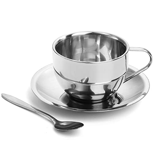 Okllen 4 Pack Stainless Steel Coffee Cup Set, 6 Oz Coffee Mugs with Spoon and Saucer, Double Walled Espresso Cups Mugs for Coffee, Latte,Tea, Milk - Image 4