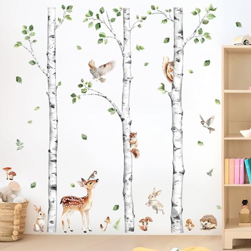Decvictor Large Birch Tree Wall Decals, Forest Animal Wall Stickers Deer Rabbit Squirrel Owl Peel and Stick Wall Decal Waterproof Wall Art Sticker for Baby Nursery Kids Room Home Decor (H: 60.2 in) - Image 1