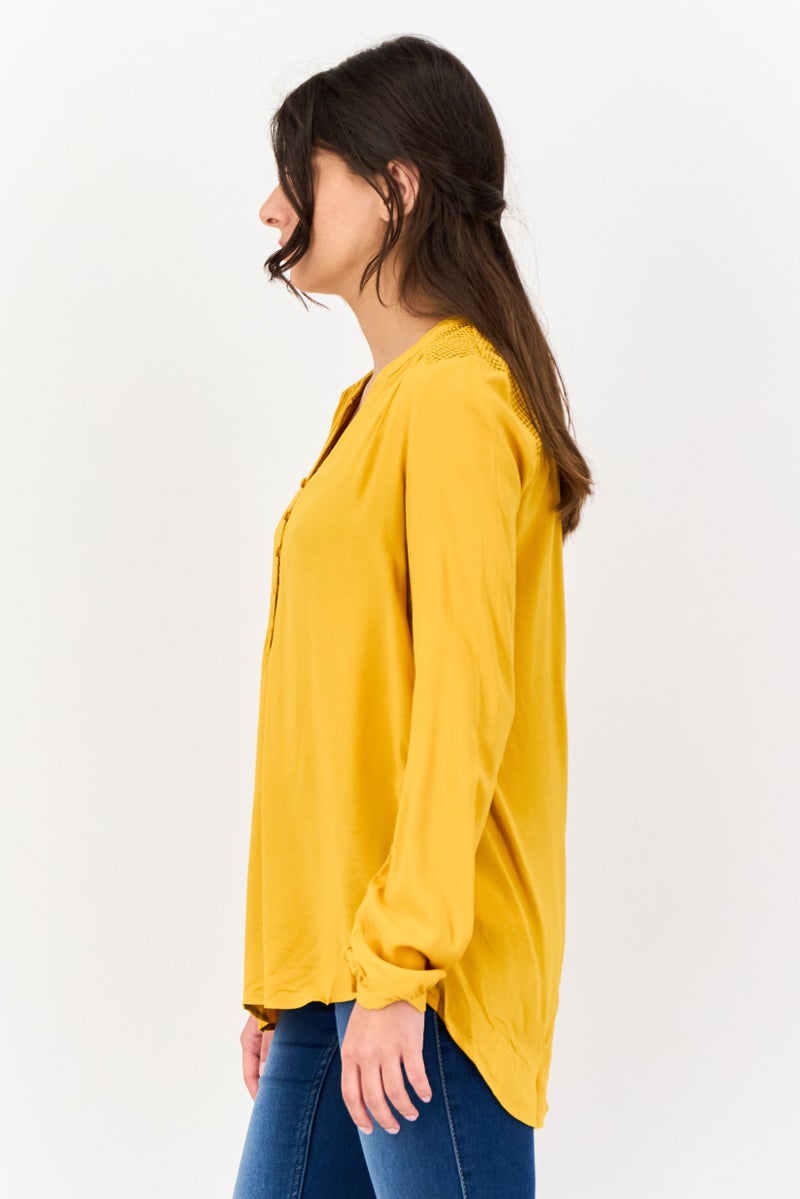 ONLY Women V Neck Long Sleeve Solid Blouse, Mustard - Image 3