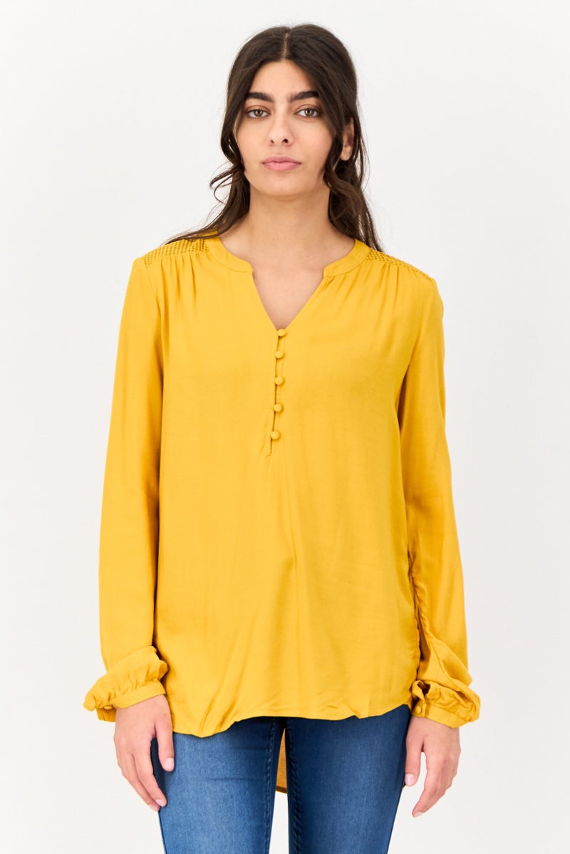 ONLY Women V Neck Long Sleeve Solid Blouse, Mustard - Image 1