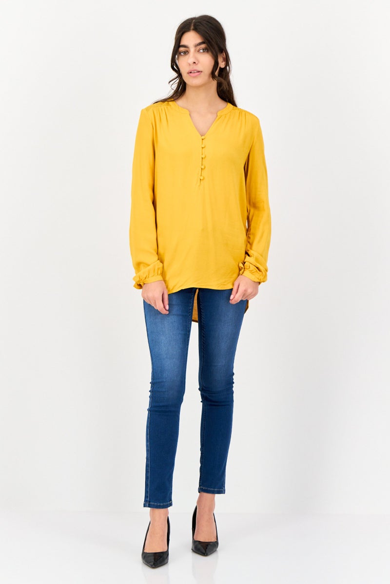 ONLY Women V Neck Long Sleeve Solid Blouse, Mustard - Image 4