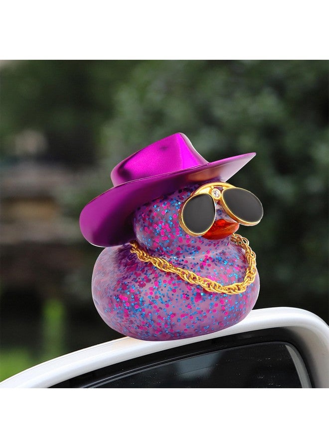 wonuu Car Rubber Duck, Dashboard Decorations Colorful Laser Cowboy Hat Ducky for Car Ornament Accessories Ducks with Hat, Necklace, Diamond Glasses (Blink Dark Purple) - Image 3