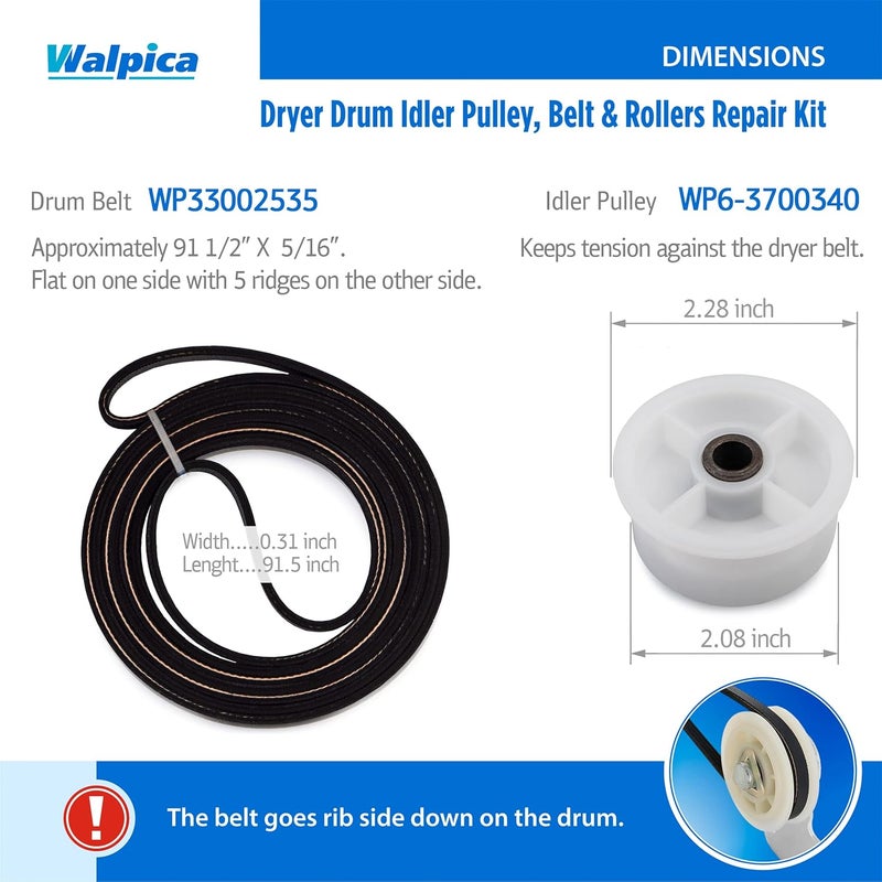 Walpica 303373 Dryer Drum Support Roller Belt Idler Pulley Repair Kit for Maytag Neptune Atlantis 3000 Series - Image 4