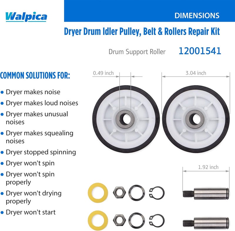 Walpica 303373 Dryer Drum Support Roller Belt Idler Pulley Repair Kit for Maytag Neptune Atlantis 3000 Series - Image 3
