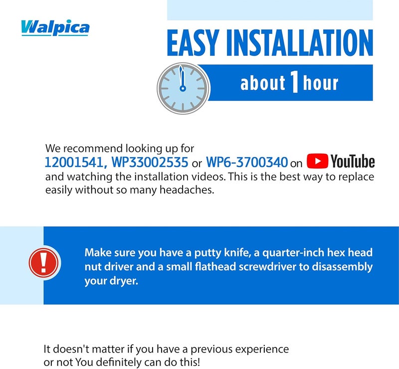 Walpica 303373 Dryer Drum Support Roller Belt Idler Pulley Repair Kit for Maytag Neptune Atlantis 3000 Series - Image 5