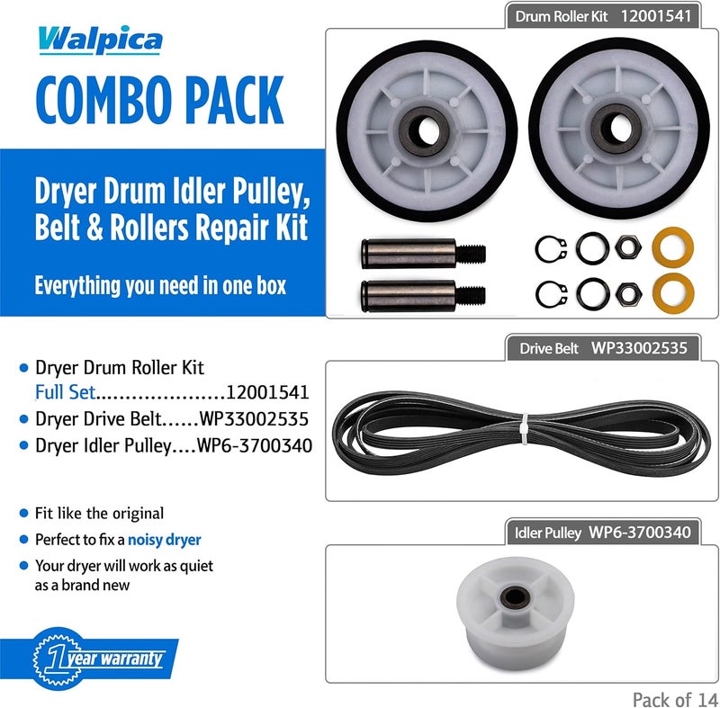 Walpica 303373 Dryer Drum Support Roller Belt Idler Pulley Repair Kit for Maytag Neptune Atlantis 3000 Series - Image 2