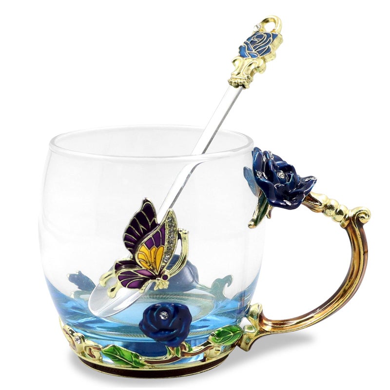 VANUODA Enamels Butterfly Flower Tea CupGlass Coffee MugValentines Mothers Day Graduation Birthday Present Christmas Gifts for Women Mom Her Teacher