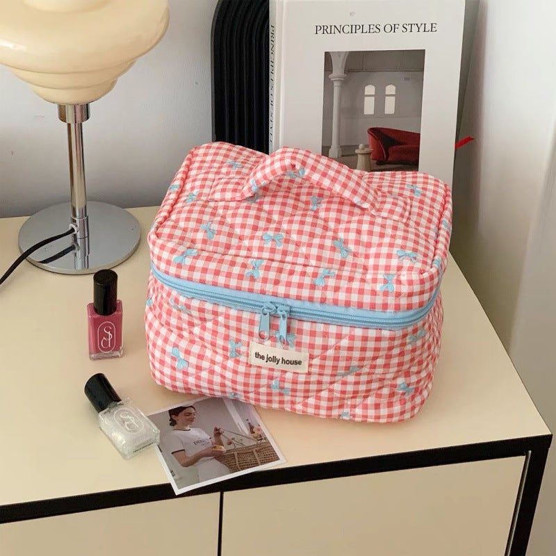Plaid Bow Cosmetic Bag Large Capacity Sweet Student Quilted Storage Bag Portable Soft Handbag Toiletry Bag - Image 5