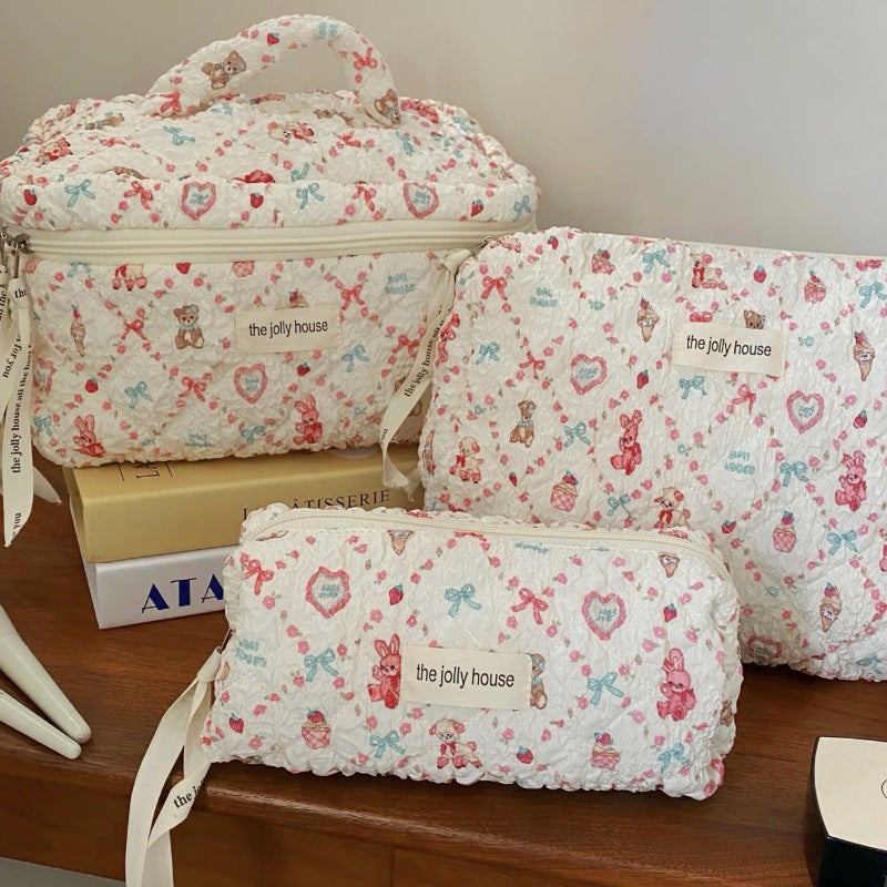 Plaid Bow Cosmetic Bag Large Capacity Sweet Student Quilted Storage Bag Portable Soft Handbag Toiletry Bag - Image 1