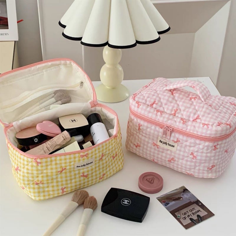 Plaid Bow Cosmetic Bag Large Capacity Sweet Student Quilted Storage Bag Portable Soft Handbag Toiletry Bag - Image 4