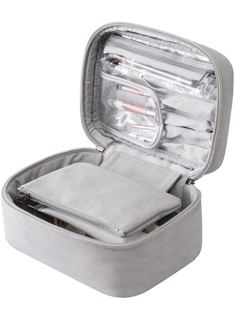 Soofam Makeup Bag, 2 in 1 Portable Cosmetic Bag, Large Capacity Travel Makeup Case Organizer,  Makeup Bags for Women Toiletry Bag for Girls Traveling with Handle and Divider (Grey) - Image 1