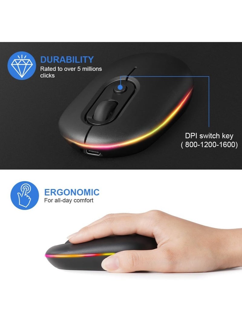 Rechargeable Wireless Mouse, Portable and Color Backlit Mouse, 2.4GHz and Bluetooth Mouse with Mini USB Receiver, Compatible with PC/Mac/Andriod/iPad/Laptop