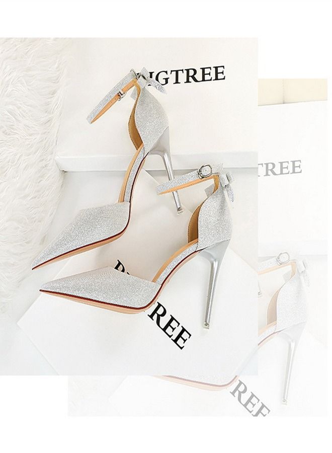 BIGTREE Shallow Pointed High-Heeled Sandals 10CM Silver  - Image 2