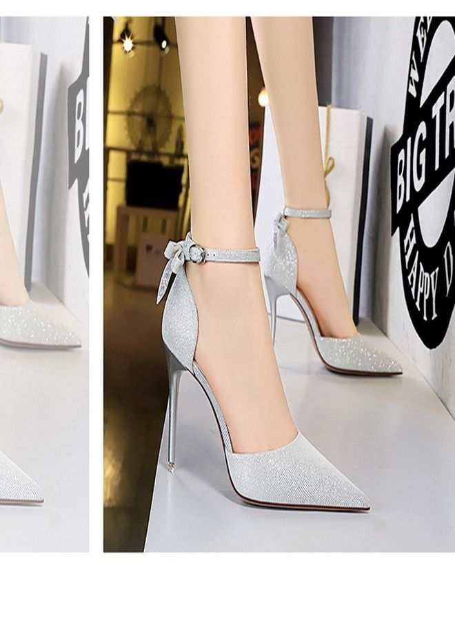 BIGTREE Shallow Pointed High-Heeled Sandals 10CM Silver  - Image 3