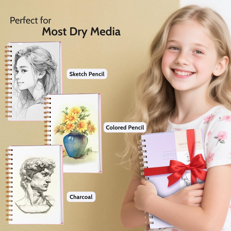 Yoment 5.5" x 8.5" Sketch Book, Small Sketchbook for Drawing, 100 Sheets(68 lb/100gsm) Hardcover Spiral Sketch Pad for Kids with Pencil Art Sketchbook Drawing Paper Pad Book for Adults Artists,Purple - Image 2
