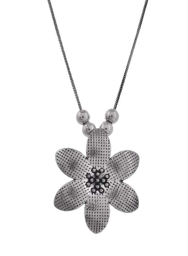 Naman Arts Oxidised Floral Cluster Pendant Necklace for Women | Antique Boho Flower Charm with Drops | Pure Brass Lightweight Ethnic Chain Necklace - Image 1