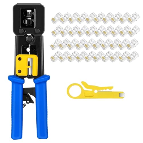 XIKKART Passthrough RJ45 Crimping Tool Kit with Wire Stripper & Cutter | 20PCS Cat6 Pass Through Connectors | RJ45 Modular Plug Crimper LAN Tool Kit for Cat5 Cat5e Ethernet Cable Network Installation - Image 1