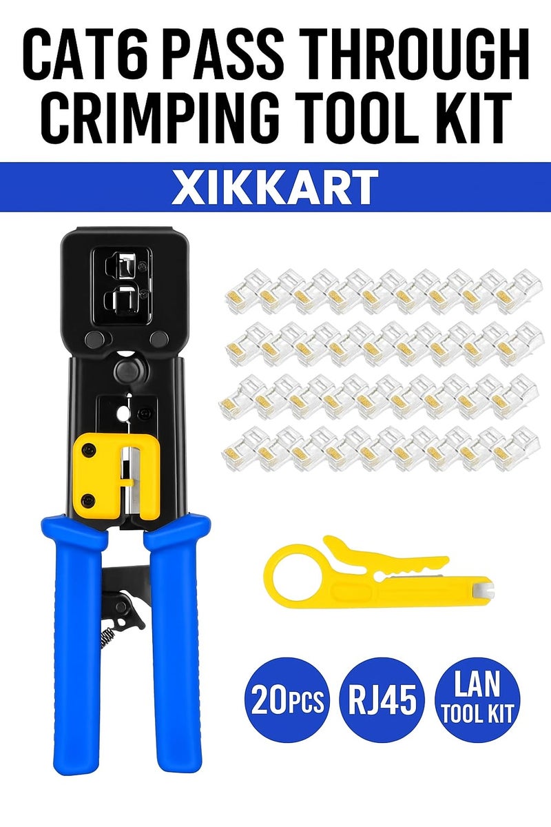 XIKKART Passthrough RJ45 Crimping Tool Kit with Wire Stripper & Cutter | 20PCS Cat6 Pass Through Connectors | RJ45 Modular Plug Crimper LAN Tool Kit for Cat5 Cat5e Ethernet Cable Network Installation - Image 2
