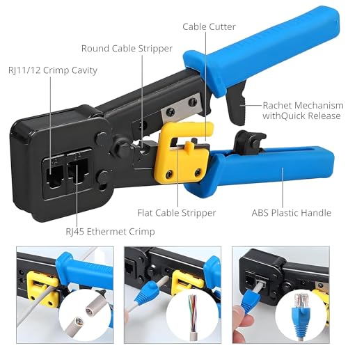 XIKKART Passthrough RJ45 Crimping Tool Kit with Wire Stripper & Cutter | 20PCS Cat6 Pass Through Connectors | RJ45 Modular Plug Crimper LAN Tool Kit for Cat5 Cat5e Ethernet Cable Network Installation - Image 3