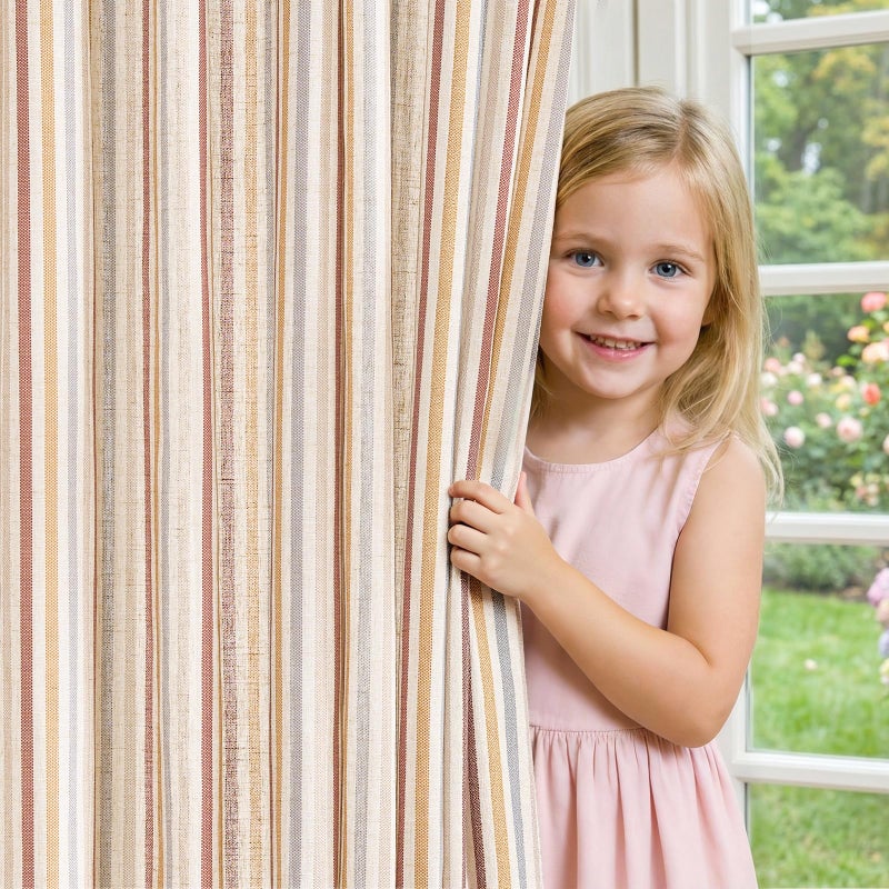 jinchan Linen Curtains for Nursery Bedroom 84 Inch Long Multi Red on Beige Striped Curtains for Living Room Cute Ticking Stripe Farmhouse Baby Girl Kids Room Light Filtering Grommet Drapes 2 Panels - Image 2