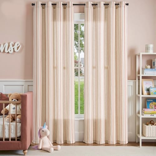 jinchan Linen Curtains for Nursery Bedroom 84 Inch Long Multi Red on Beige Striped Curtains for Living Room Cute Ticking Stripe Farmhouse Baby Girl Kids Room Light Filtering Grommet Drapes 2 Panels - Image 3