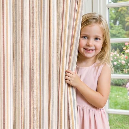 jinchan Linen Curtains for Nursery Bedroom 84 Inch Long Multi Red on Beige Striped Curtains for Living Room Cute Ticking Stripe Farmhouse Baby Girl Kids Room Light Filtering Grommet Drapes 2 Panels - Image 1