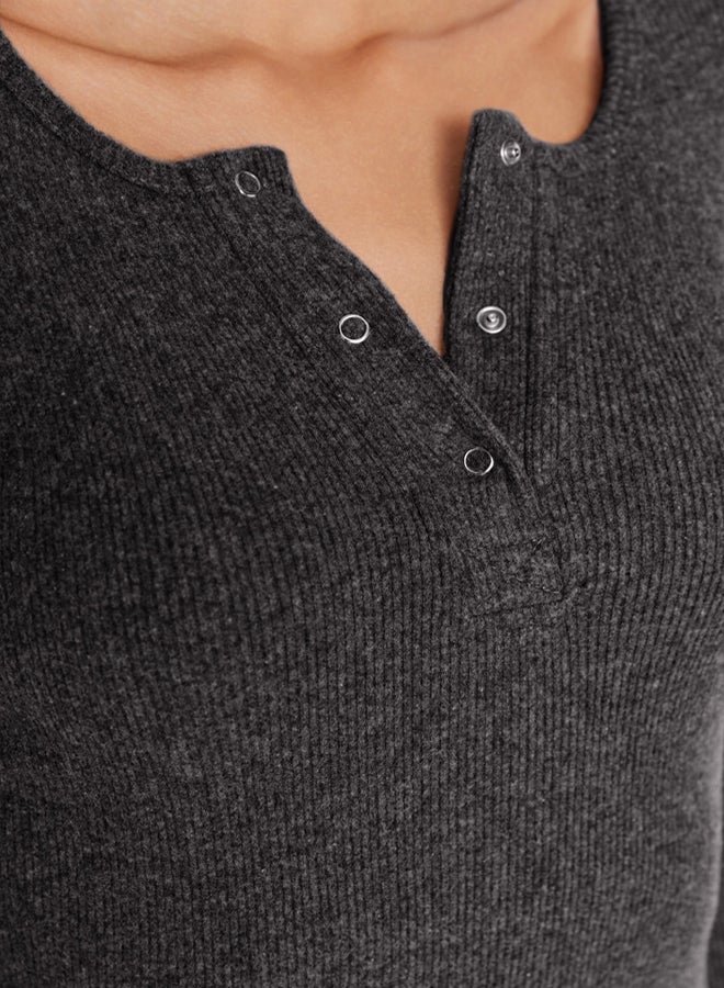 trendyol Anthracite Snap Detail Fitted Square Neck Mini Ribbed Flexible Knitted Pencil Dress TWOAW23EL01393 - Image 4