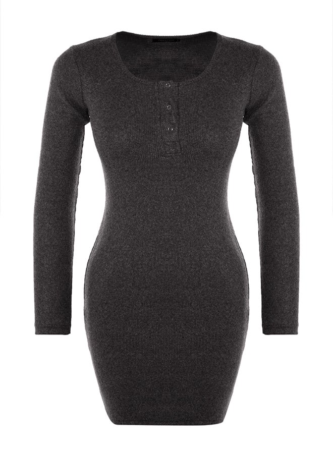 trendyol Anthracite Snap Detail Fitted Square Neck Mini Ribbed Flexible Knitted Pencil Dress TWOAW23EL01393 - Image 5