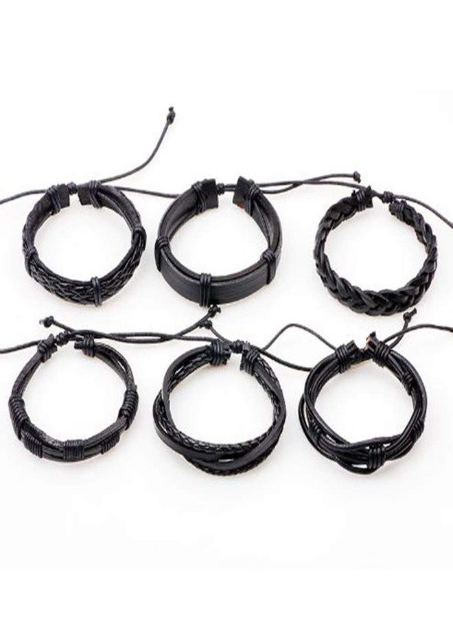 Peora Combo Pack of 6 Black Braided Leather Bracelet for Men Boys - Image 5