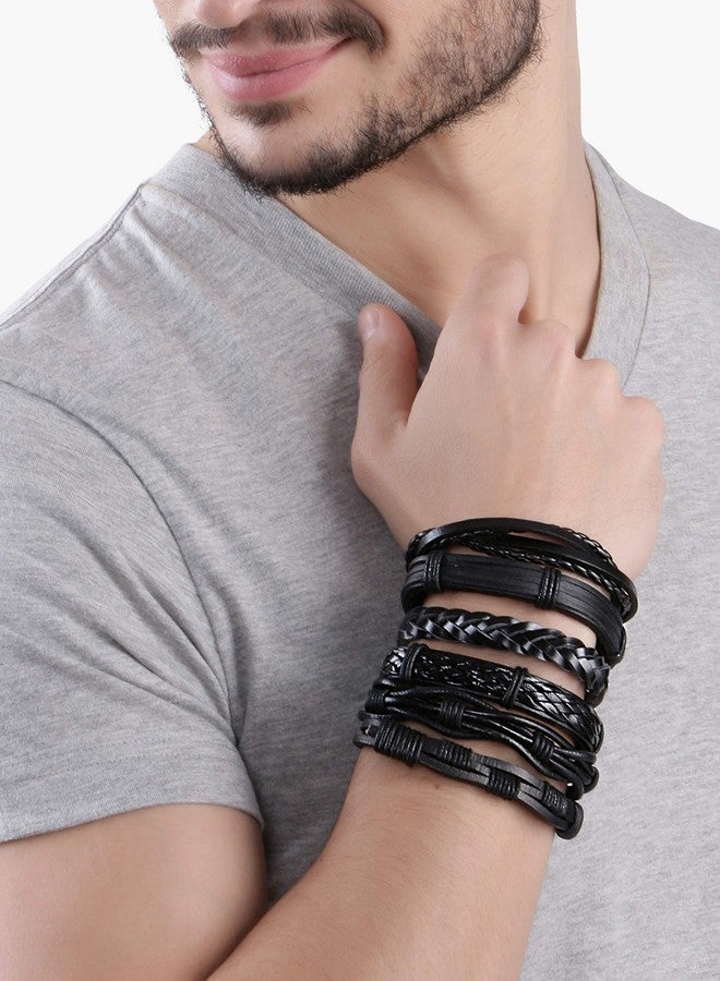 Peora Combo Pack of 6 Black Braided Leather Bracelet for Men Boys - Image 2