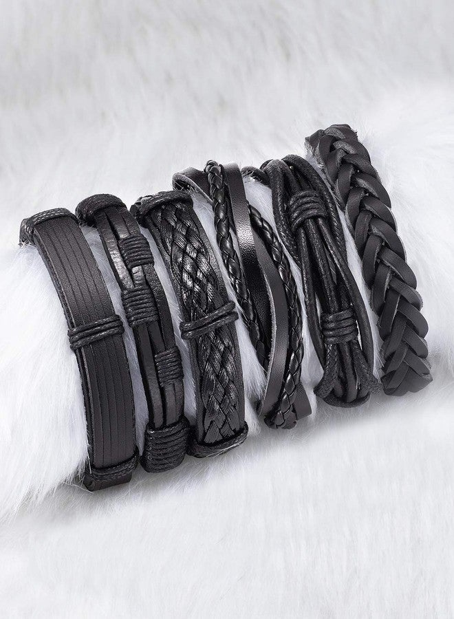 Peora Combo Pack of 6 Black Braided Leather Bracelet for Men Boys - Image 3