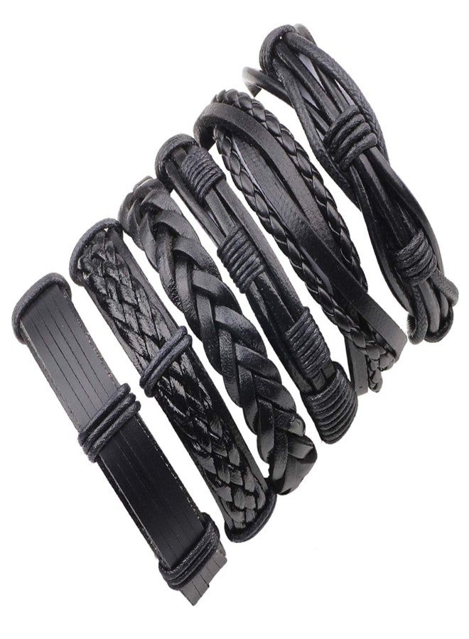 Peora Combo Pack of 6 Black Braided Leather Bracelet for Men Boys - Image 1